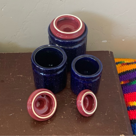 Vintage 3 Piece Speckled Blue Red Glass Kitchen Jars Canisters Lids Flour Sugar - Picture 4 of 5